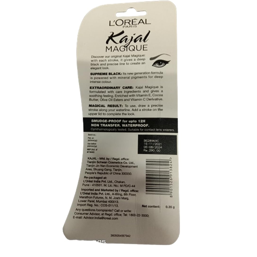 L'Or?al Paris Kajal, Waterproof Eyeliner, 14 Hours of Smudge-Proof Wear, With Vitamin E, Cocoa Butter, Olive Oil Esters and Vitamin C, Magique, Colour: Supreme Black. 0.35g - Image 3