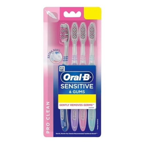 Oral-B Pro Clean Sensitive Extra Soft Manual Toothbrush For Adults, Extra Soft bristles, Gently Removes Germs, Multicolour Toothbrush Set,Dentist Recommended Brand (Pack of 4)