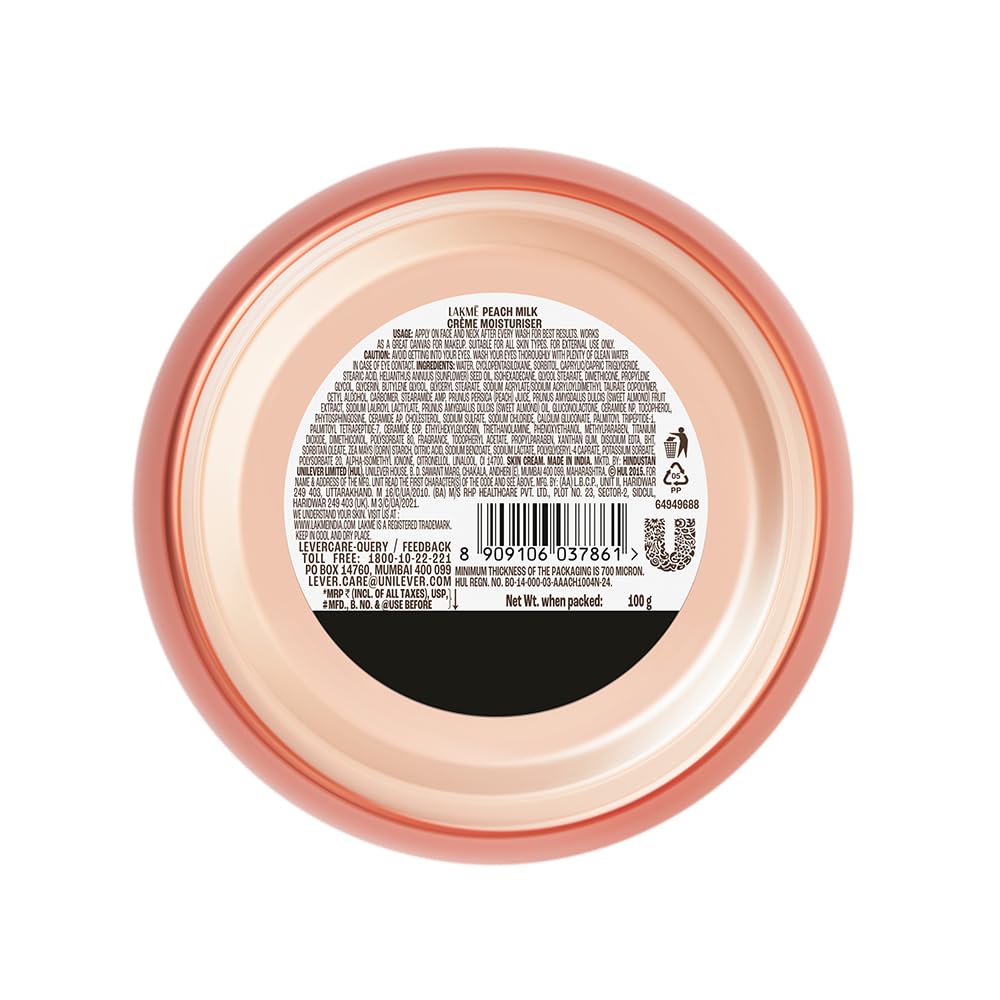 Lakm? Peach Milk Creme Moisturizer with 2% Pro-Ceramide & Peptides | Repairs Damaged Skin Barrier & Gives Intense Hydration | For Dry, Normal & Sensitive 100 g - Image 3
