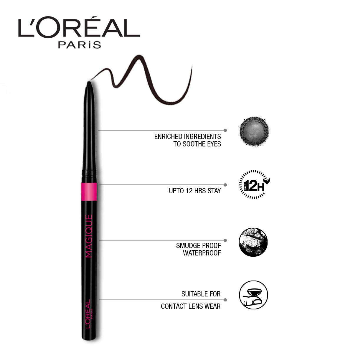 L'Or?al Paris Kajal, Waterproof Eyeliner, 14 Hours of Smudge-Proof Wear, With Vitamin E, Cocoa Butter, Olive Oil Esters and Vitamin C, Magique, Colour: Supreme Black. 0.35g - Image 2