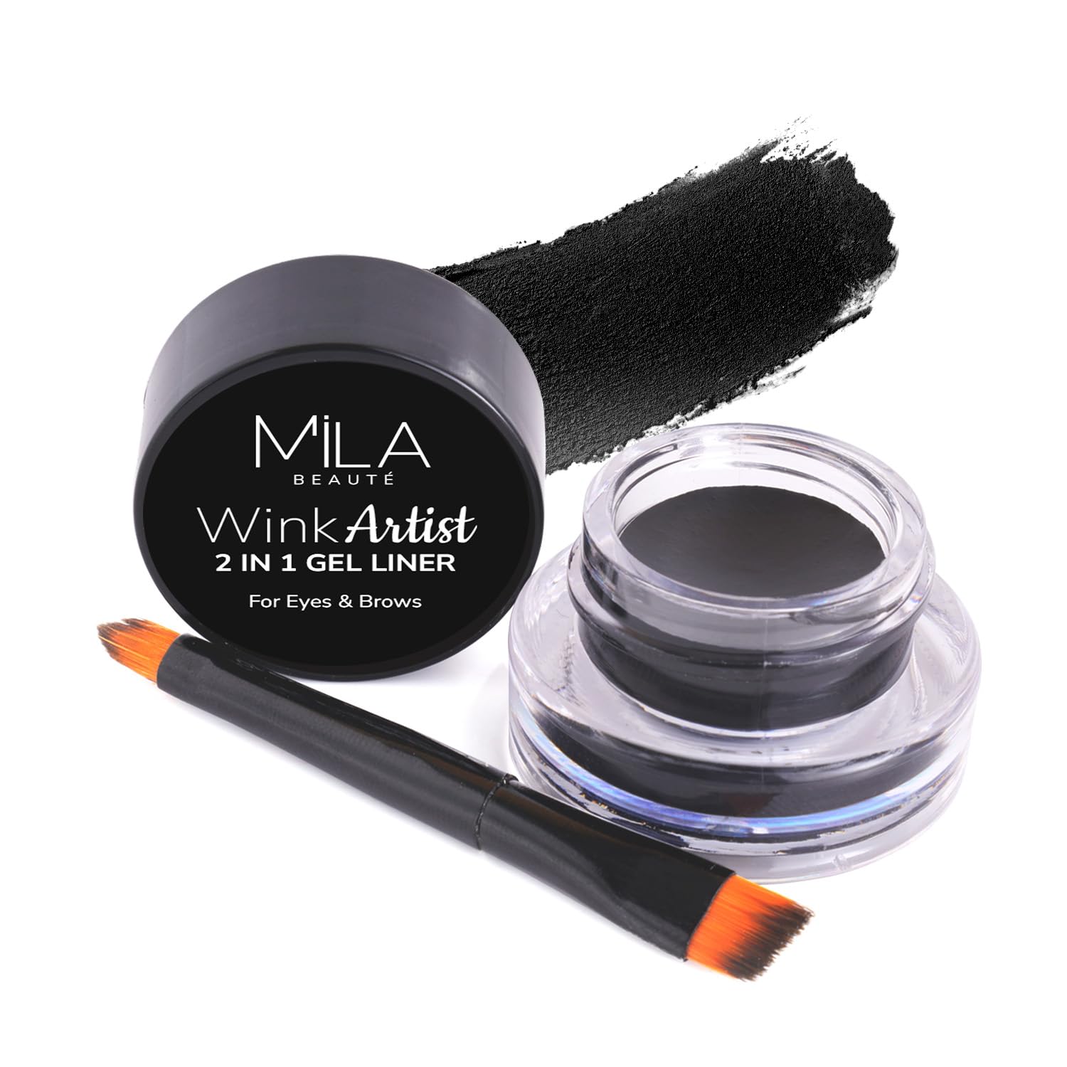 Mila Beaut? 36 Hr Waterproof Wink Artist 2 in 1 Eyebrow & Gel Eyeliner with Brush | Long Lasting & Smudgeproof Formula | Calendula Oil and Aloe Vera | Shade - (Black, 4g)